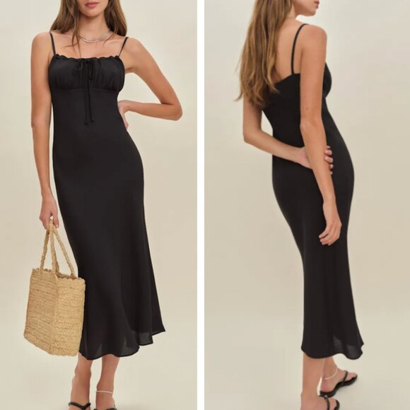 Reformation Dresses & Skirts - Reformation Camira Midi Dress Sz2 Black Noir Slip French Causal Party Cocktail
